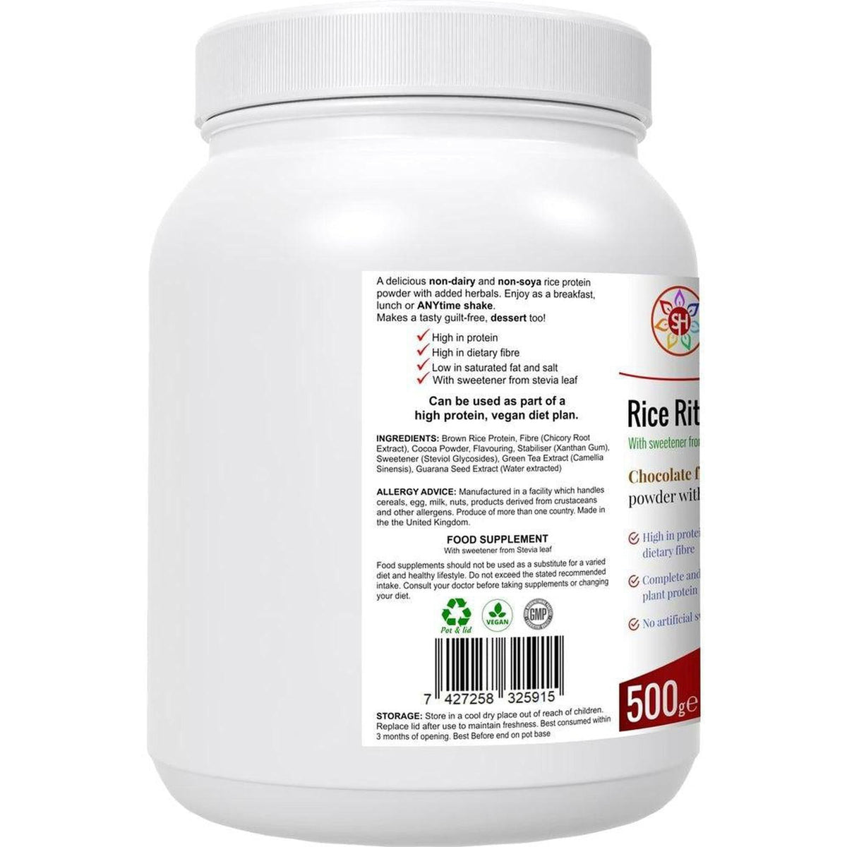White plastic tub of Rice Rituals chocolate protein powder with a detailed ingredient label and 500g weight.