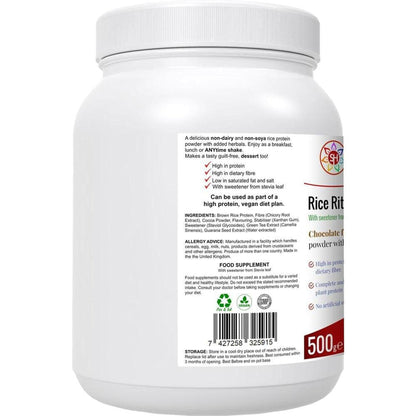 White plastic tub of Rice Rituals chocolate protein powder with a detailed ingredient label and 500g weight.