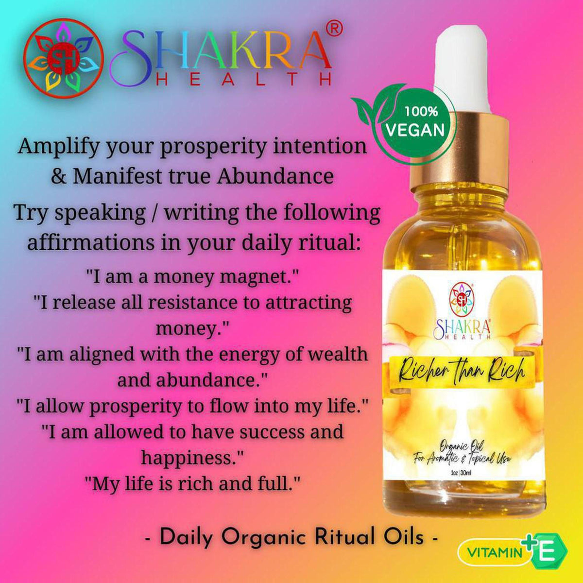 Amber glass dropper bottle of Richer Than Rich ritual oil with a white label, featuring shredded currency and herbs.