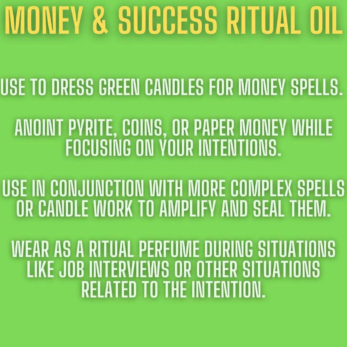 Green informational graphic with white text listing usage instructions for Richer Than Rich money and success ritual oil.