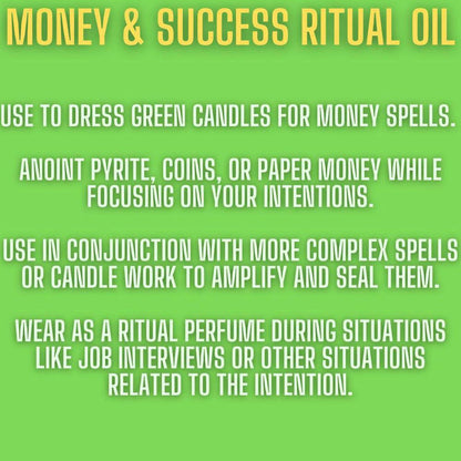 Green informational graphic with white text listing usage instructions for Richer Than Rich money and success ritual oil.
