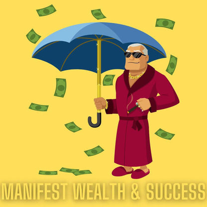 Cartoon man in a burgundy robe and sunglasses holding a blue umbrella under falling dollar bills on a yellow background.