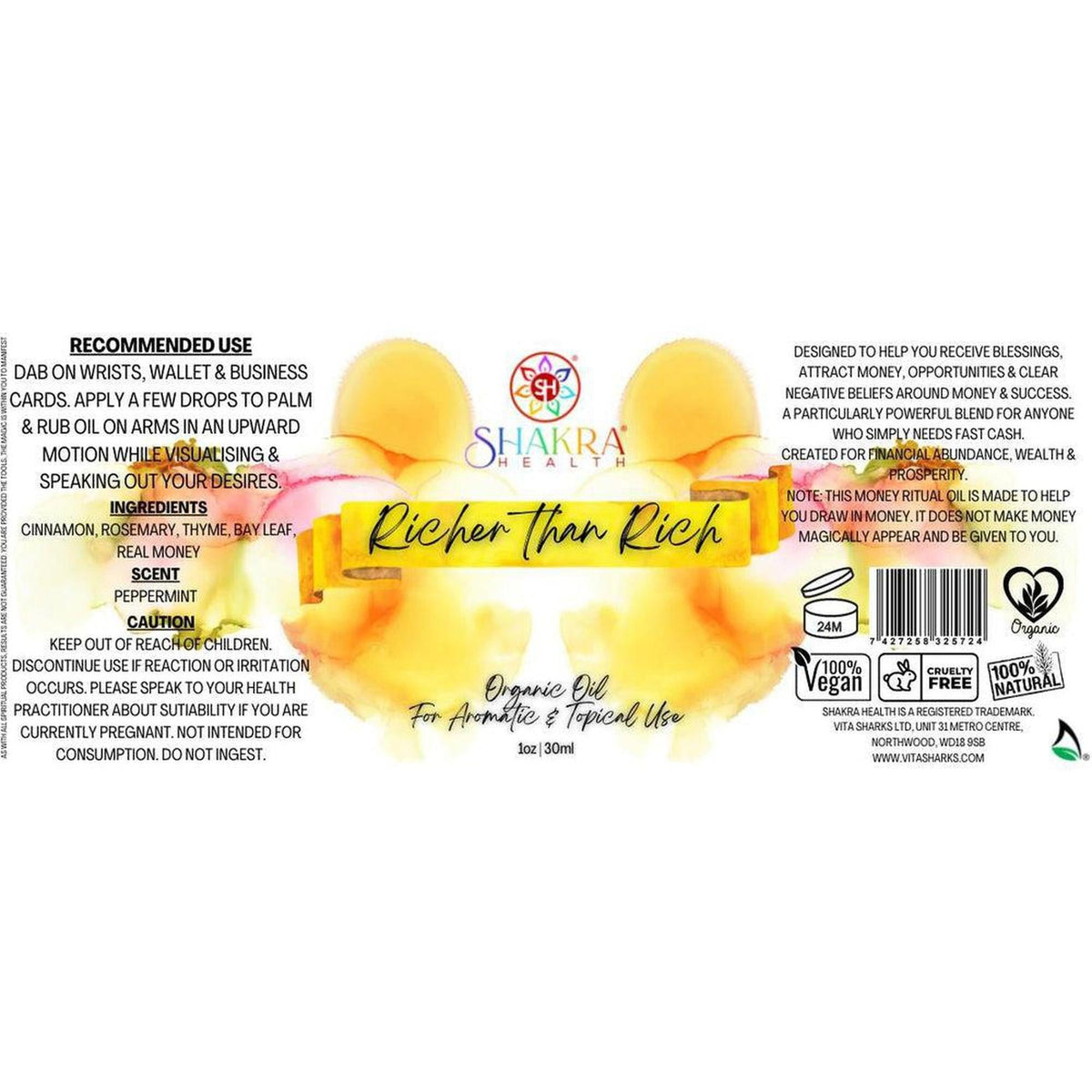 Richer Than Rich Ritual Oil label with gold accents, Shakra Health logo, and detailed usage instructions on a white background.