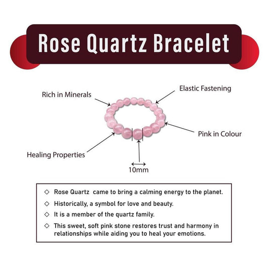 Elastic bracelet with 10mm polished pink rose quartz beads, labeled with features like healing properties and minerals.