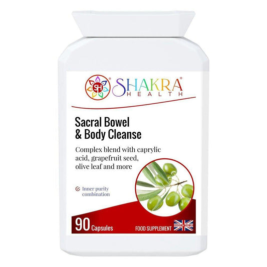 White bottle of Shakra Health Sacral Bowel & Body Cleanse capsules with a green olive graphic and 90-capsule label.