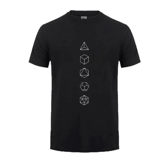Black cotton t-shirt featuring a vertical white line art print of the five Platonic solids.