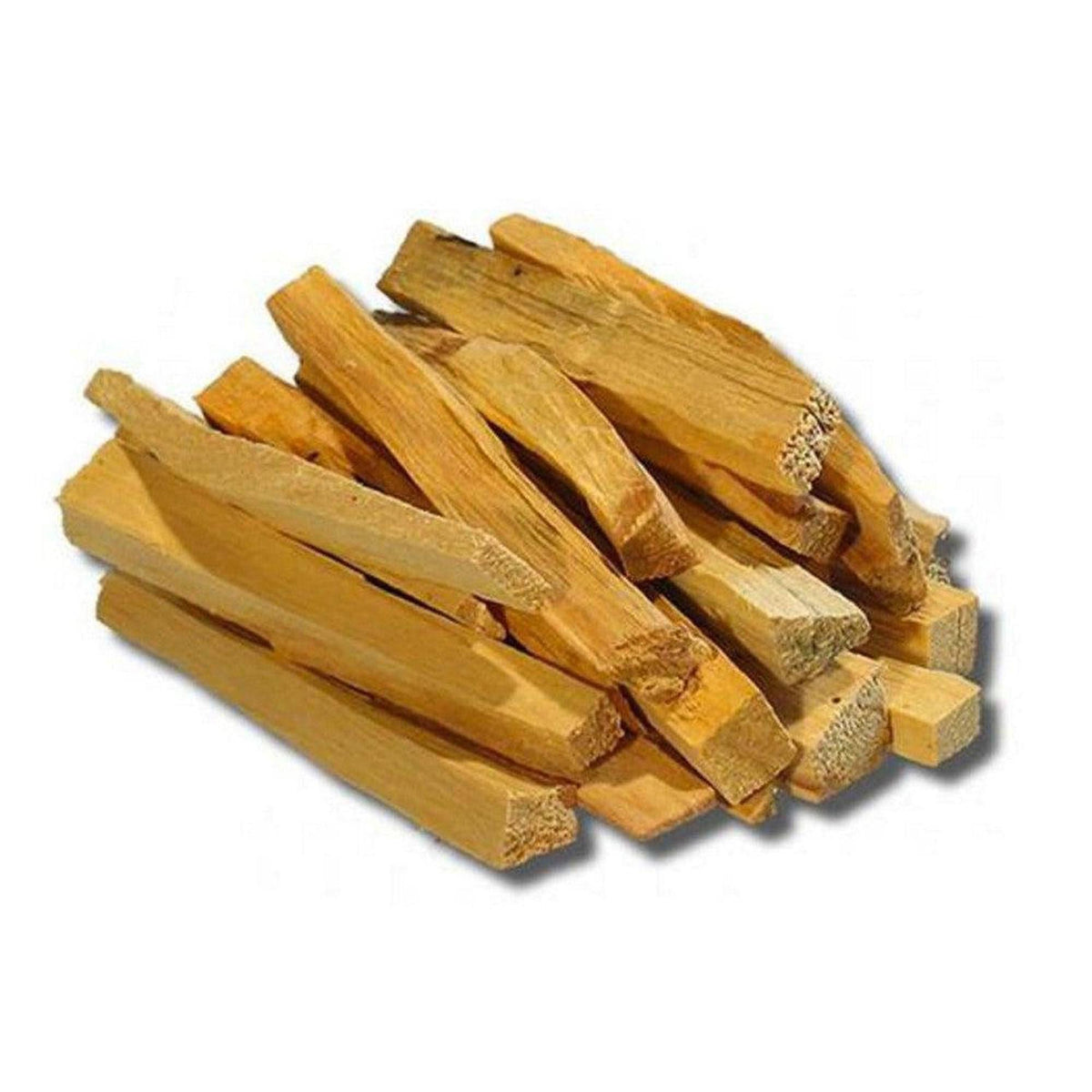 A pile of natural, light brown Palo Santo wood sticks with a rough, textured grain isolated on a white background.