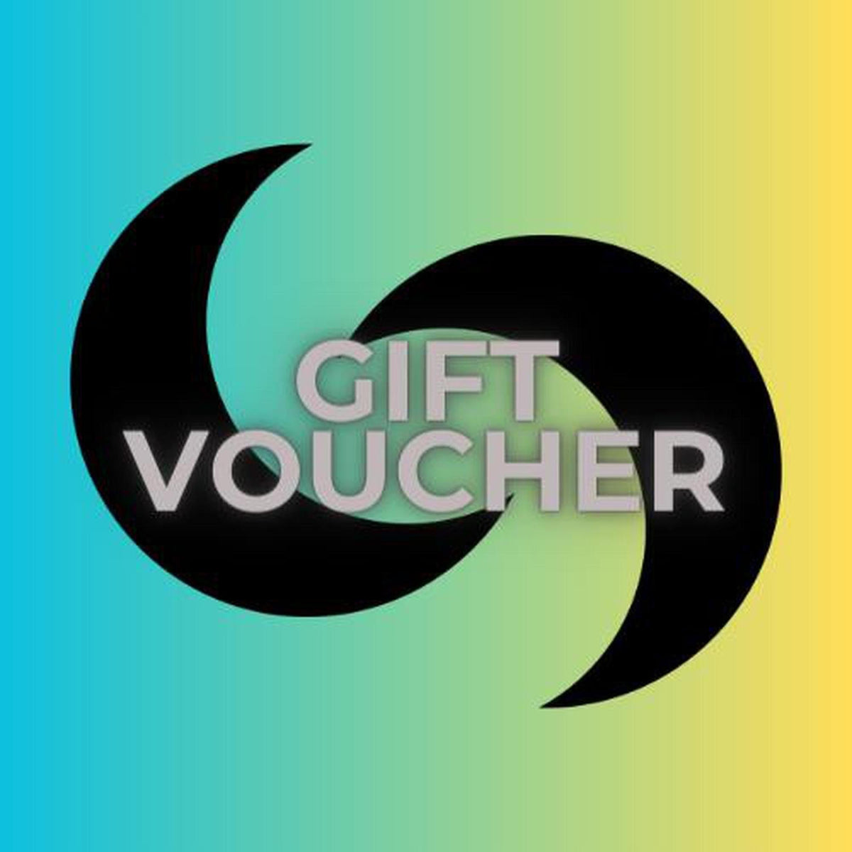 Sacred Remedy digital gift voucher with black crescent moon icons on a blue to yellow gradient background.
