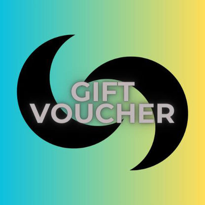 Sacred Remedy digital gift voucher with black crescent moon icons on a blue to yellow gradient background.