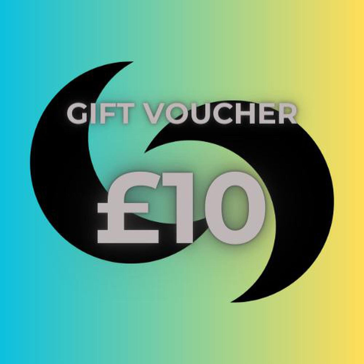 Sacred Remedy £10 digital gift voucher with a black crescent moon design on a blue and yellow gradient background.