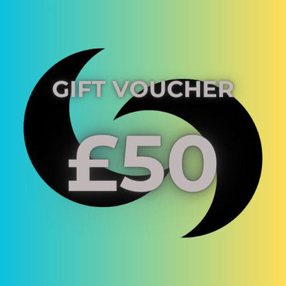 Sacred Remedy £50 digital gift voucher with a black crescent moon design on a blue and yellow gradient background.
