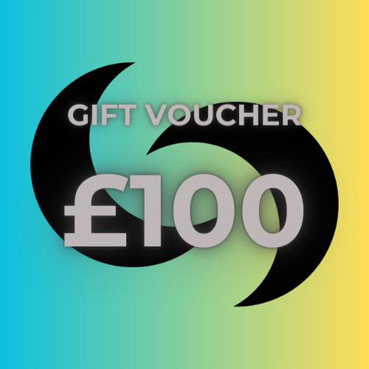 Sacred Remedy £100 digital gift voucher with a black crescent logo on a blue and yellow gradient background.