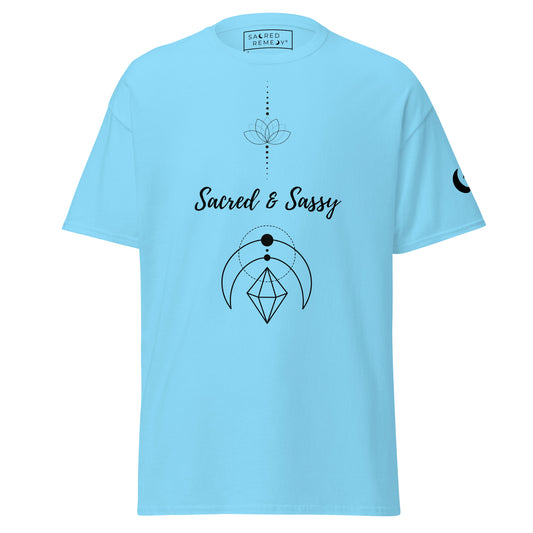 Light blue cotton unisex t-shirt featuring a black lotus and geometric graphic with Sacred & Sassy text.