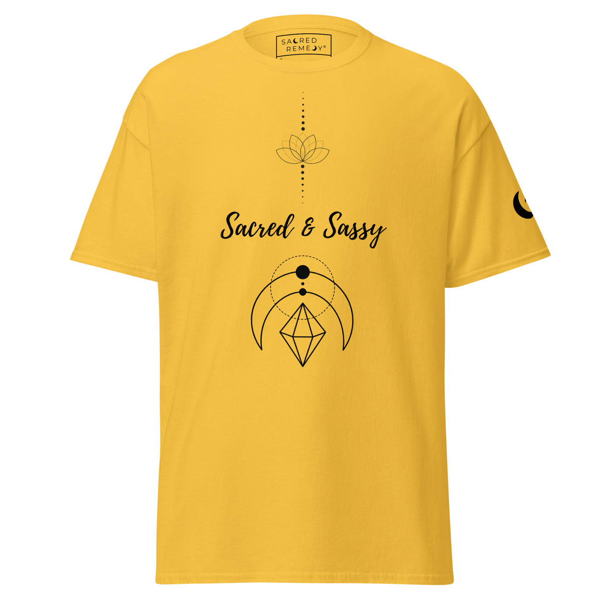 Yellow unisex cotton t-shirt featuring a black lotus and geometric graphic with Sacred & Sassy text.