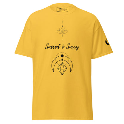 Yellow unisex cotton t-shirt featuring a black lotus and geometric graphic with Sacred & Sassy text.