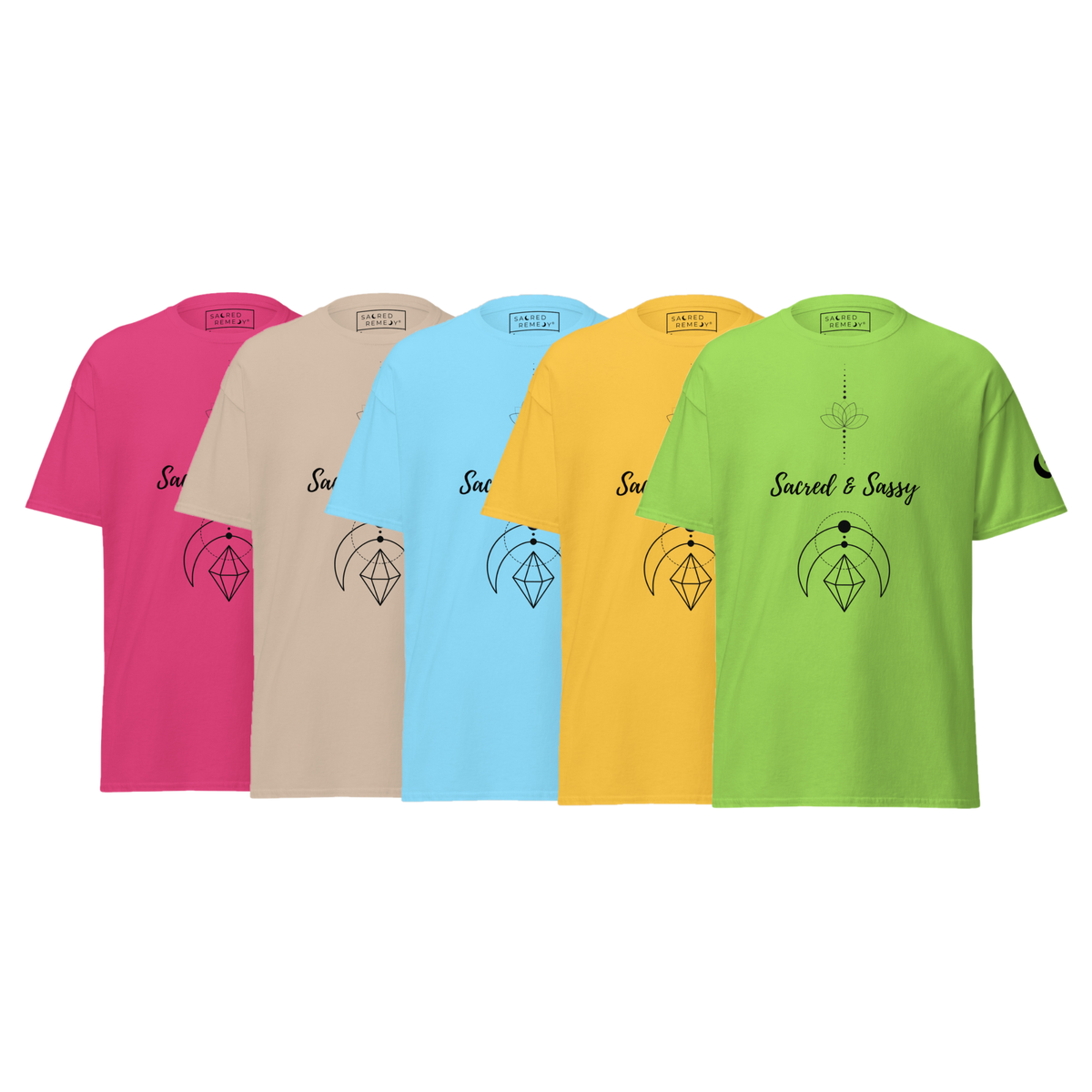 Five colorful cotton unisex tees featuring a black Lotus Flow graphic and Sacred & Sassy text in a classic structured fit.
