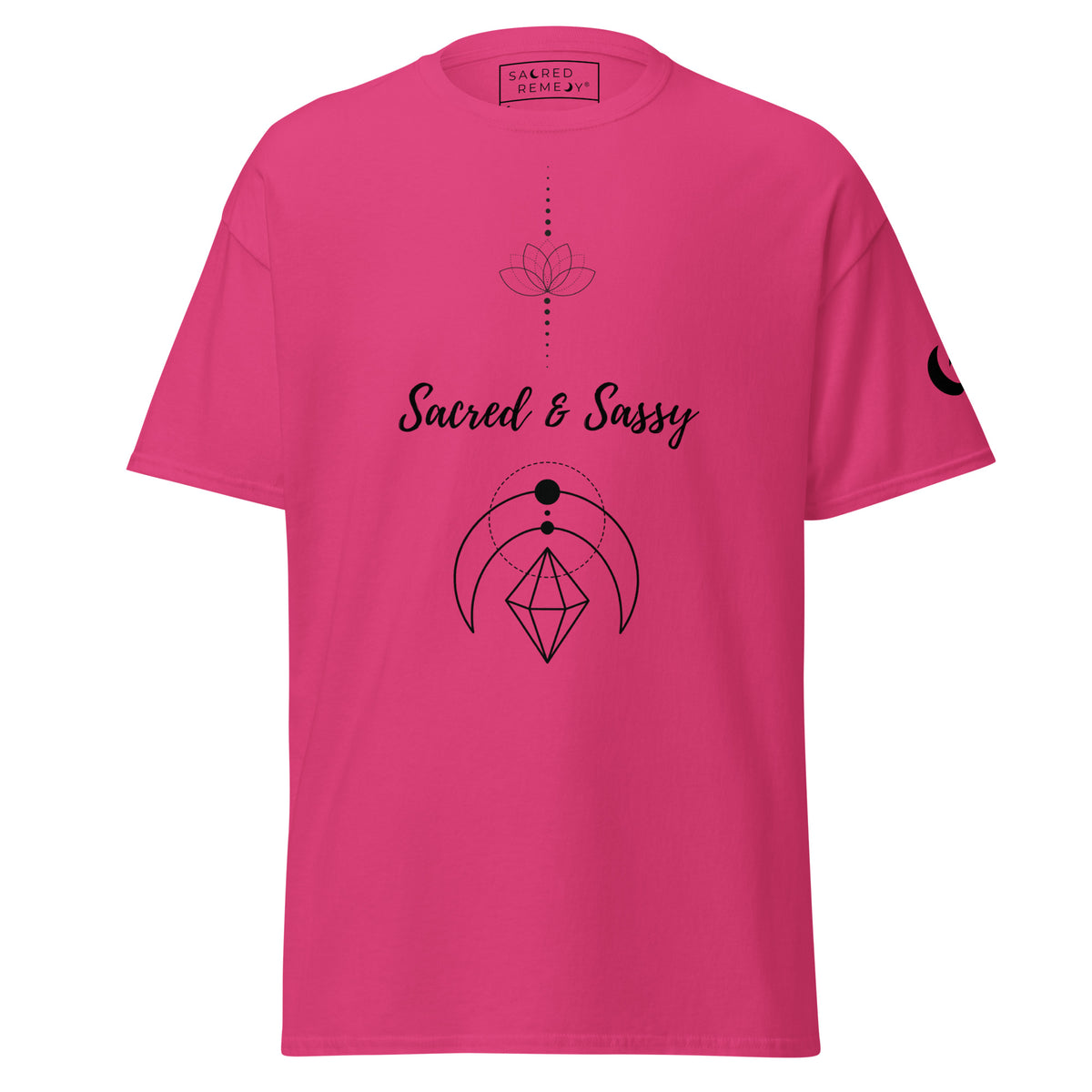 Hot pink cotton unisex t-shirt with black Sacred & Sassy lotus and geometric moon graphic print.