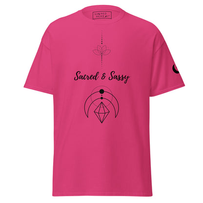Hot pink cotton unisex t-shirt with black Sacred & Sassy lotus and geometric moon graphic print.