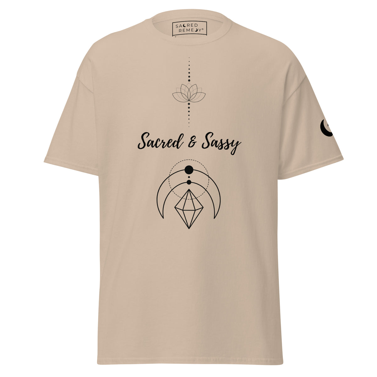 Beige unisex cotton t-shirt featuring a black lotus, geometric moon, and Sacred & Sassy text graphic.