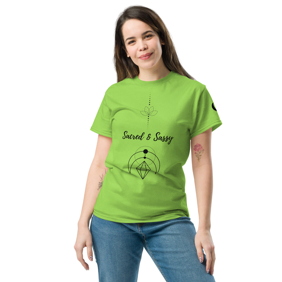 Woman wearing a lime green cotton unisex t-shirt featuring a black lotus and geometric Sacred & Sassy graphic print.