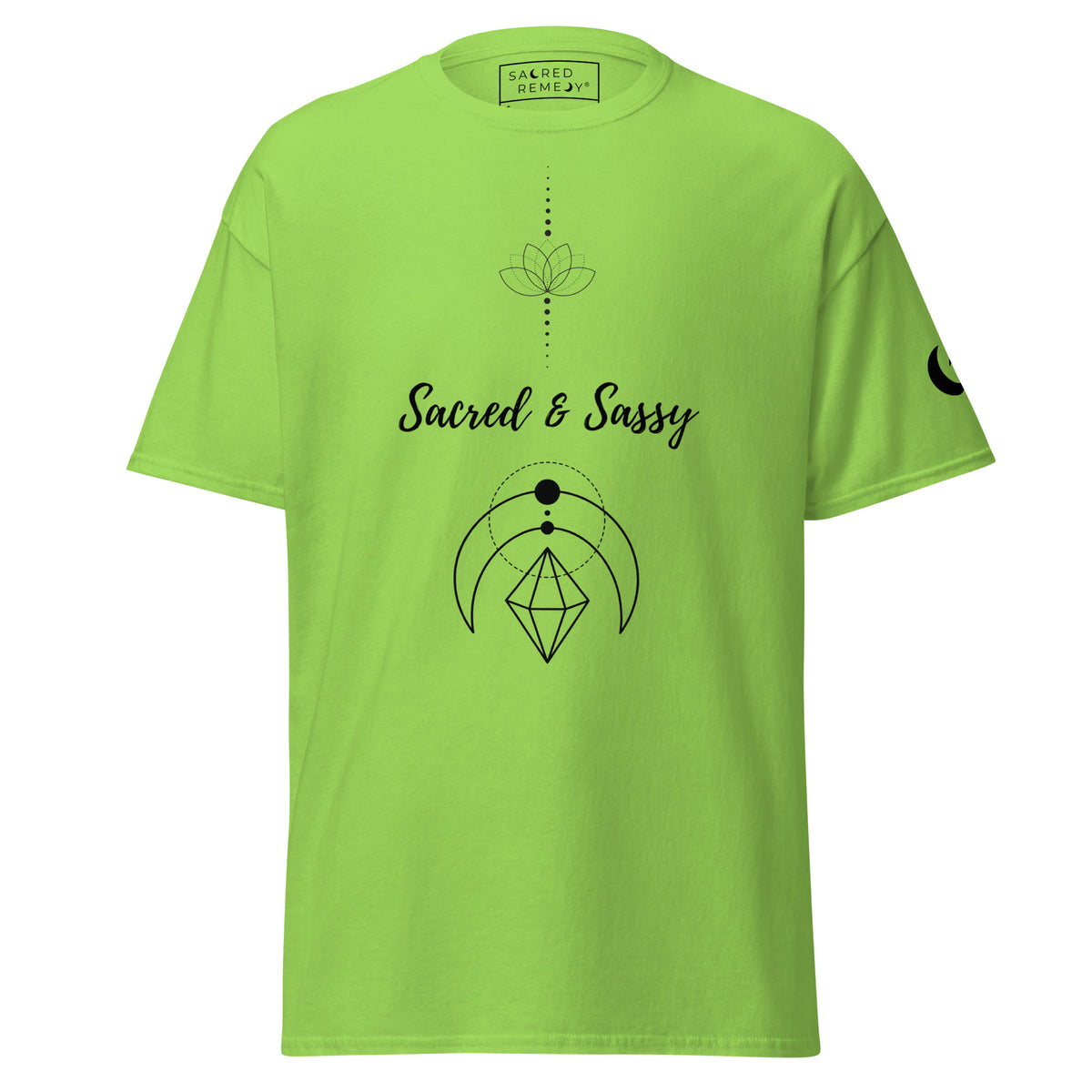 Lime green unisex cotton t-shirt featuring a black Sacred & Sassy lotus and geometric graphic print.