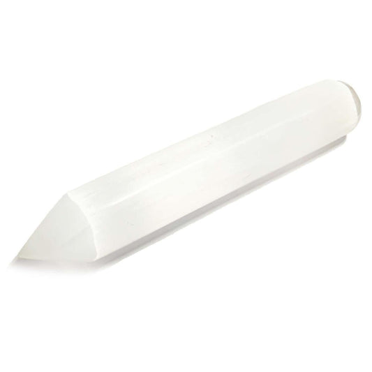 Smooth, translucent white selenite crystal wand with a polished pencil-shaped point on a white background.