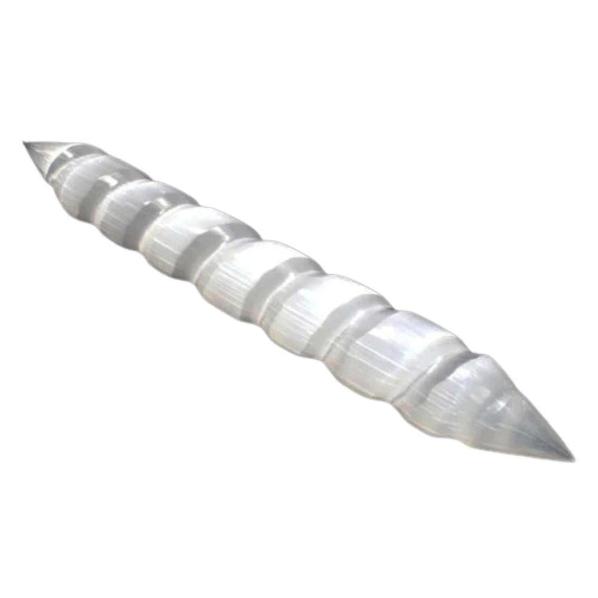 Milky white selenite massage wand with a carved spiral design and double pointed ends on a white background.