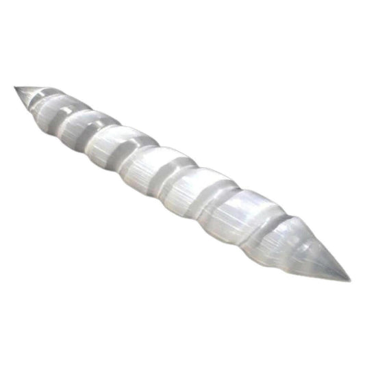 Milky white selenite massage wand with a carved spiral design and double pointed ends on a white background.