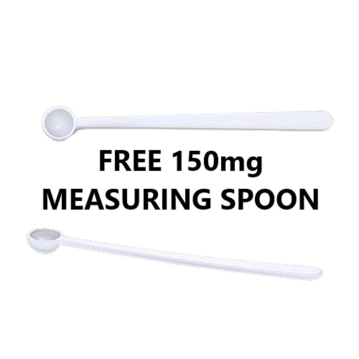 Two white plastic 150mg measuring spoons for Shilajit powder, shown from top and side angles.