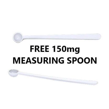 Two white plastic 150mg measuring spoons for Shilajit powder, shown from top and side angles.