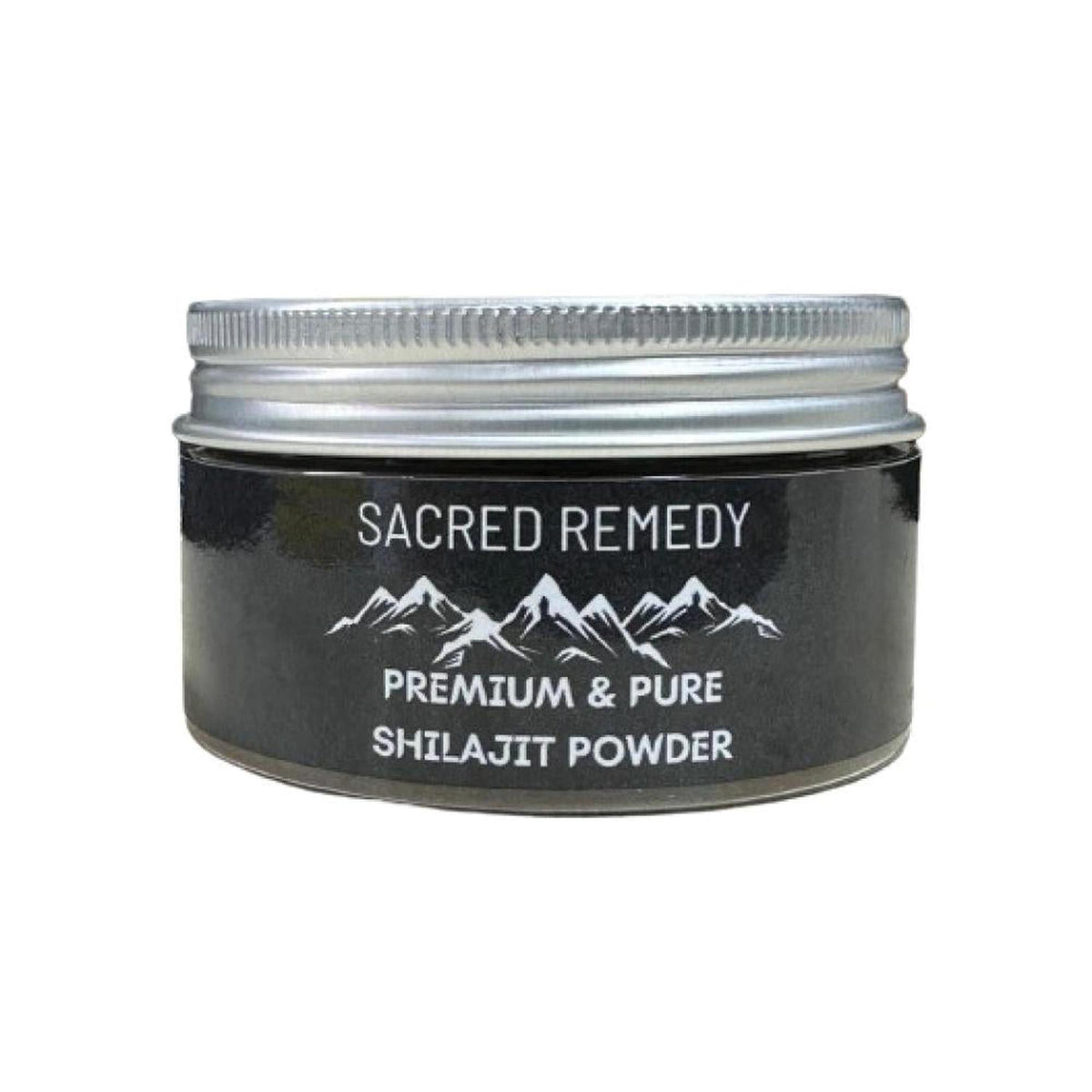 100g jar of Sacred Remedy Himalayan Shilajit powder with a black label and silver screw-top lid on a white background.