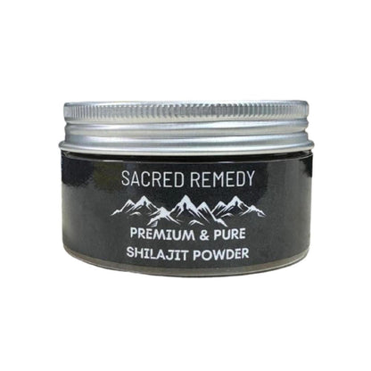 100g jar of Sacred Remedy Himalayan Shilajit powder with a black label and silver screw-top lid on a white background.