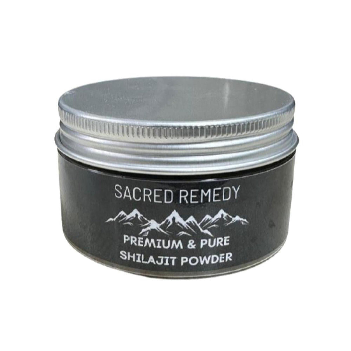 100g jar of Sacred Remedy Himalayan Shilajit powder in a black container with a silver screw-top lid.