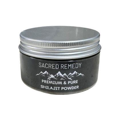 100g jar of Sacred Remedy Himalayan Shilajit powder in a black container with a silver screw-top lid.