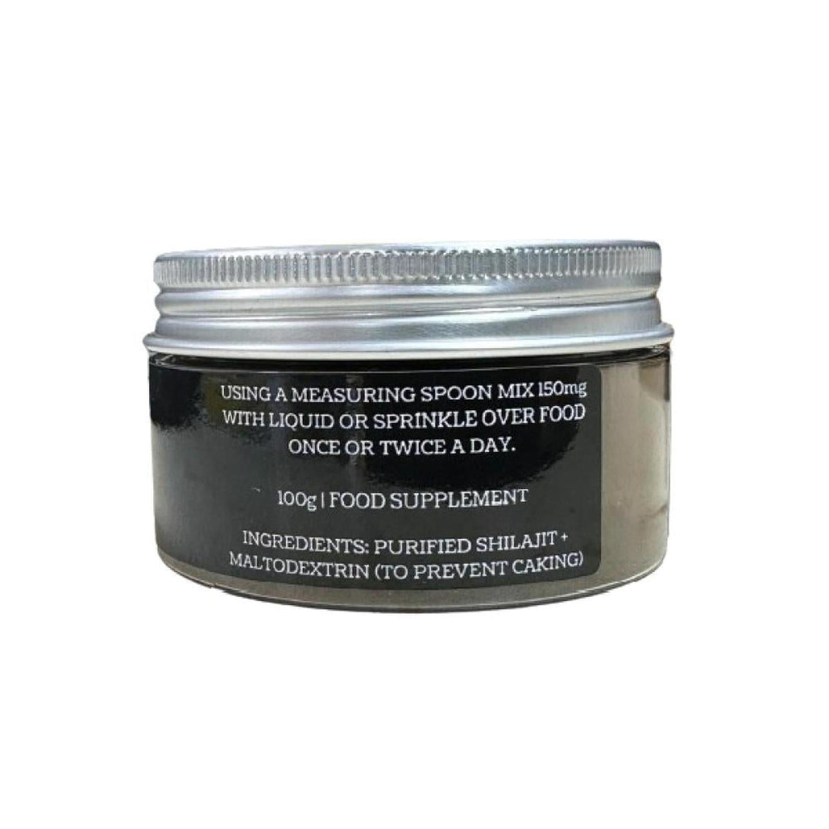 100g jar of Himalayan Shilajit powder with a black label and silver screw-top lid on a white background.