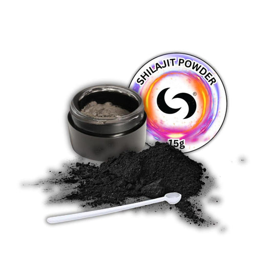 15g jar of dark Himalayan Shilajit powder with a small white measuring spoon and a colorful branded product label.