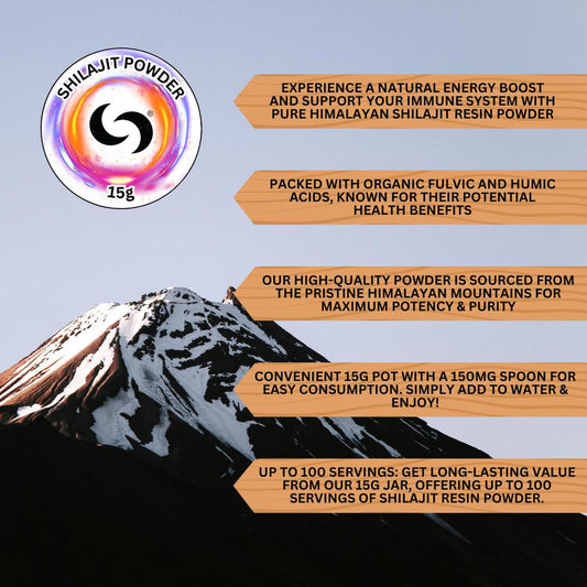 Shilajit powder 15g product label with a circular logo over a snowy Himalayan mountain peak and informative text boxes.