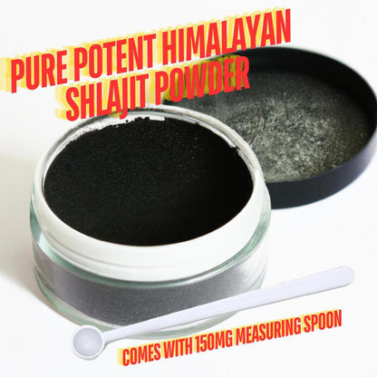 15g jar of dark Himalayan Shilajit powder with a black lid and a small white 150mg measuring spoon on a white background.