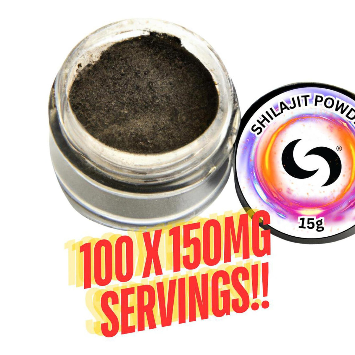 Small glass jar of dark brown Himalayan Shilajit powder with a colorful branded lid and 15g label on a white background.