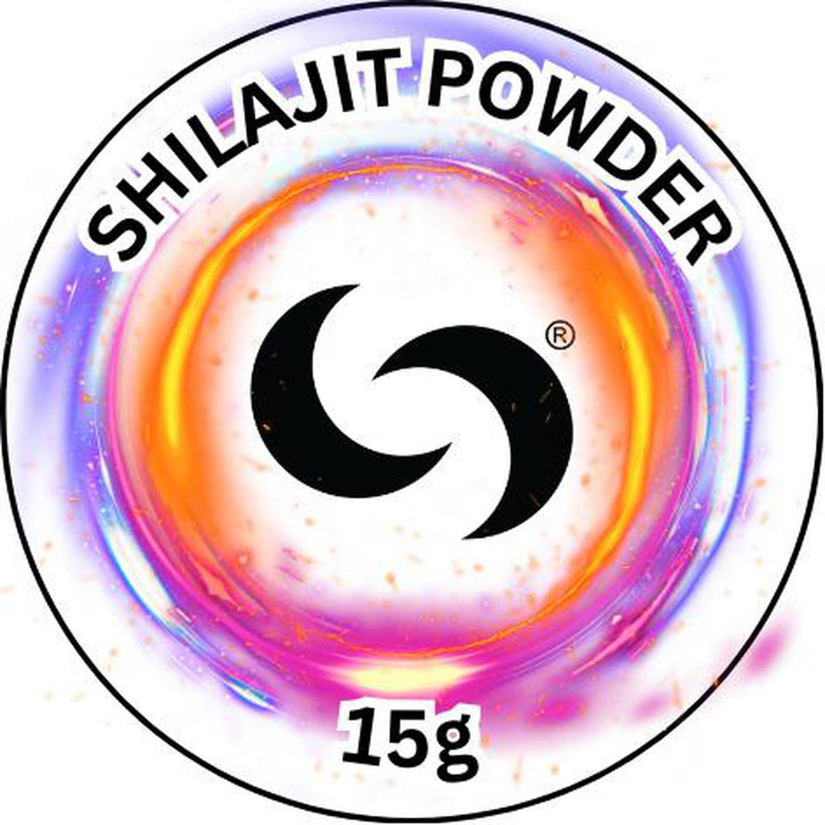 Circular Shilajit Powder label with a black crescent logo, vibrant orange and purple energy aura, and 15g text.