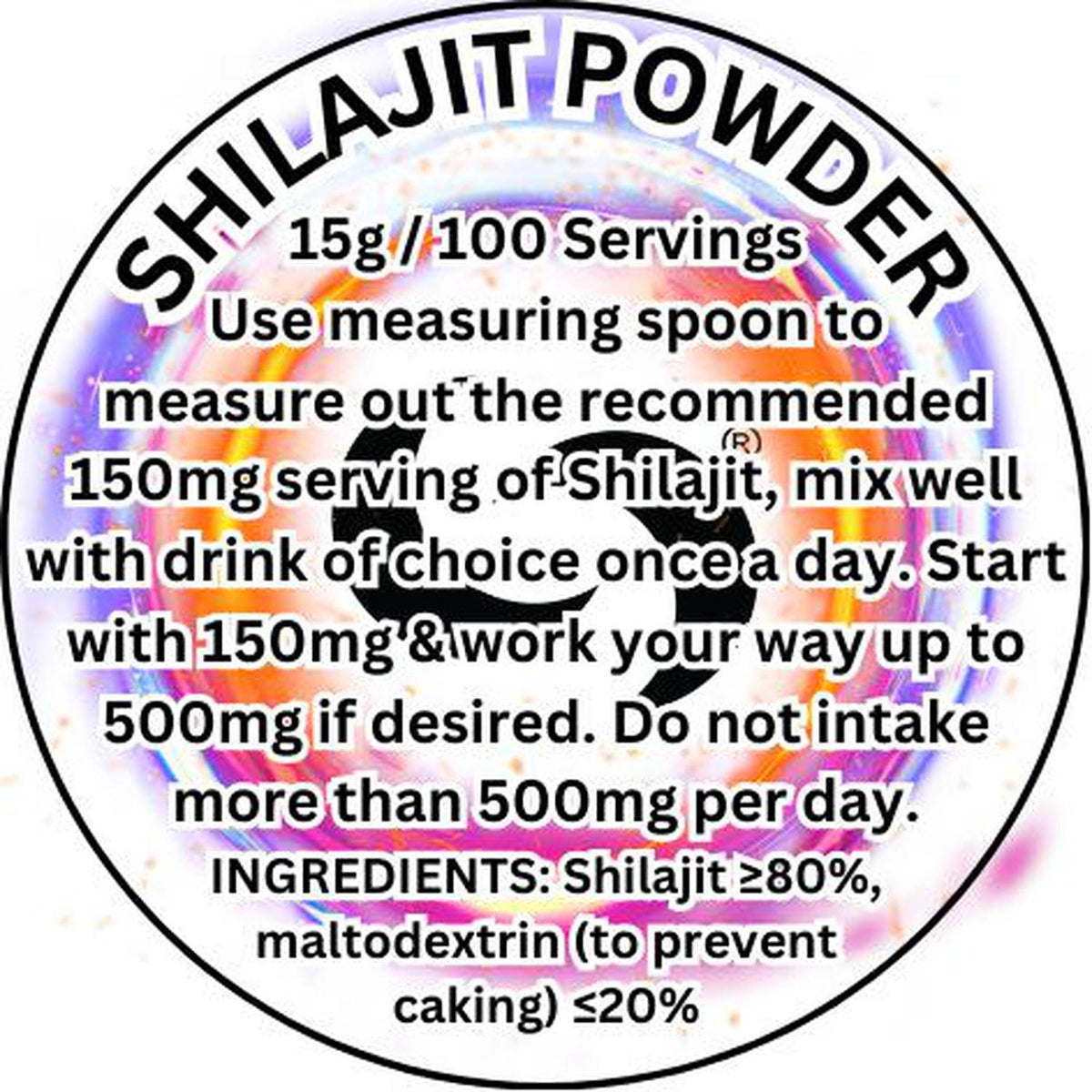 Round Shilajit Powder label with 15g/100 servings text, dosage instructions, and ingredients on a vibrant, glowing background.
