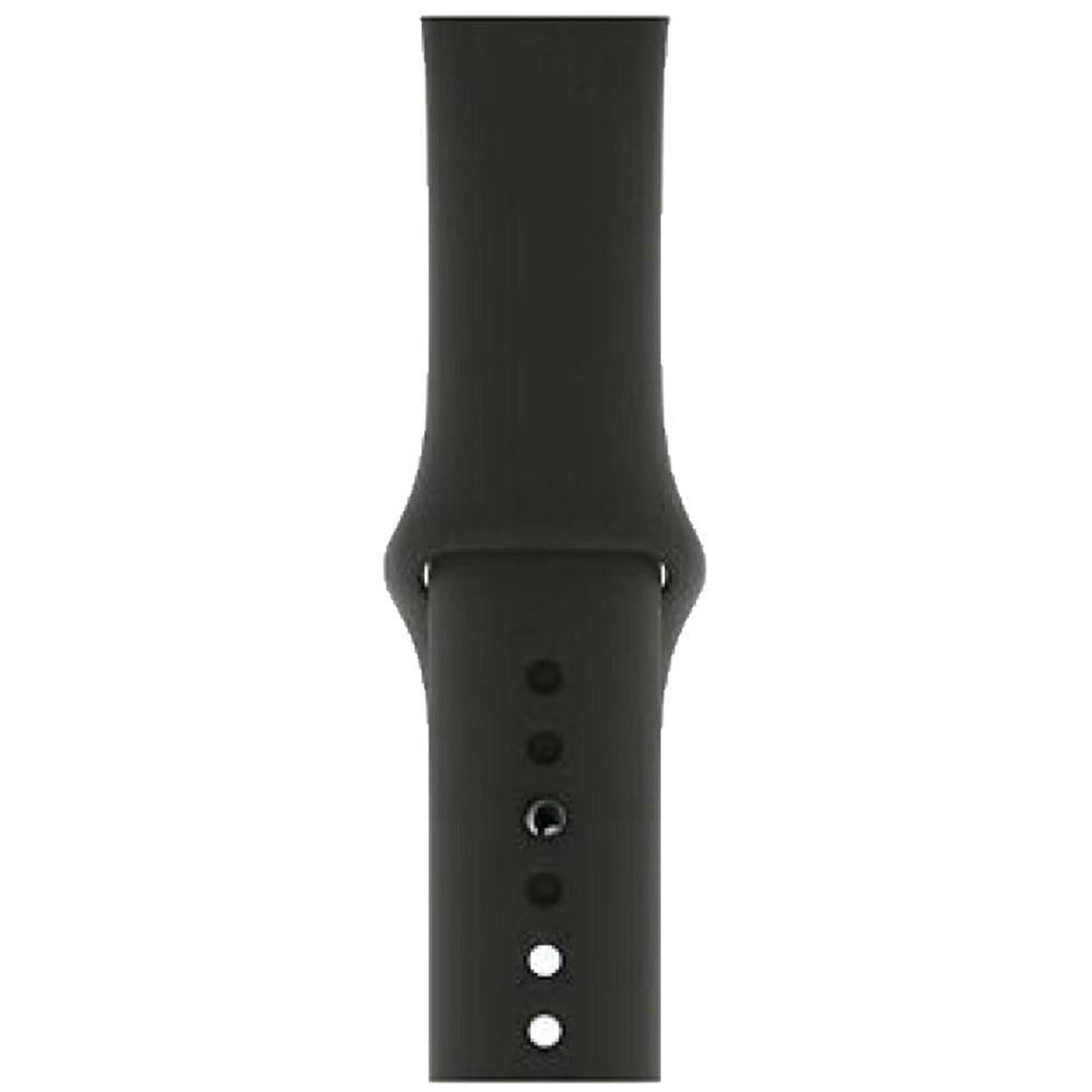 Smooth black silicone sport band for Apple Watch with a flexible, lightweight design and adjustable pin-and-tuck closure.