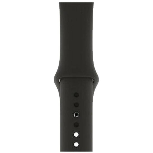 Smooth black silicone sport band for Apple Watch with a flexible, lightweight design and adjustable pin-and-tuck closure.