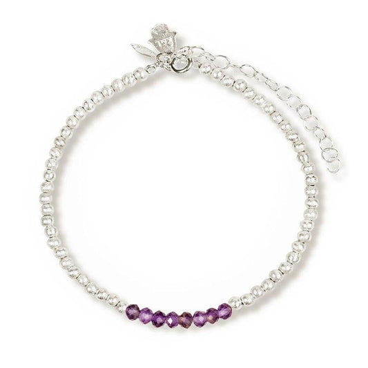 Minimalist 925 sterling silver beaded bracelet featuring a center row of faceted deep-purple amethyst gemstones.