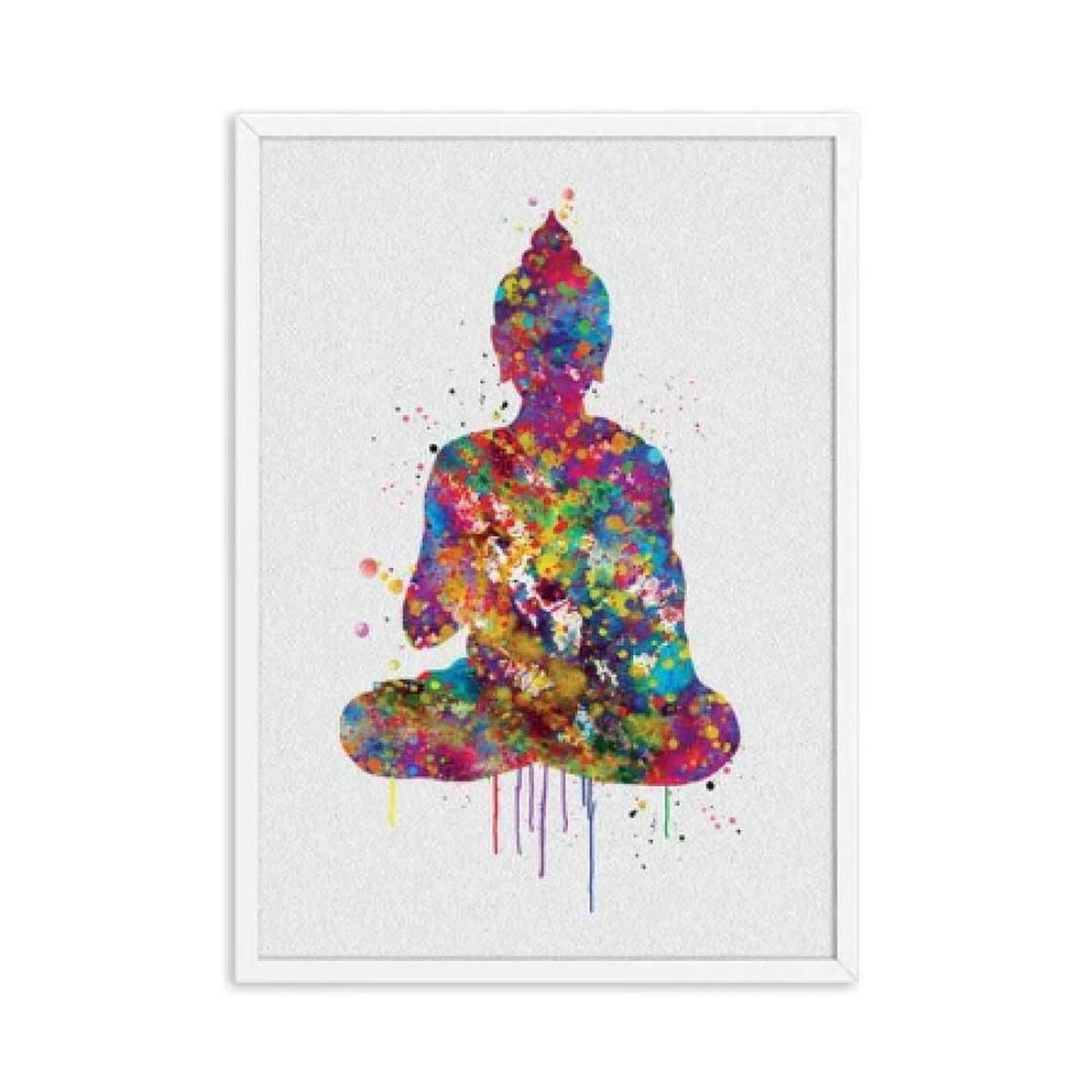 40x60cm canvas print featuring a vibrant, multicolored abstract watercolor silhouette of a meditating Buddha.