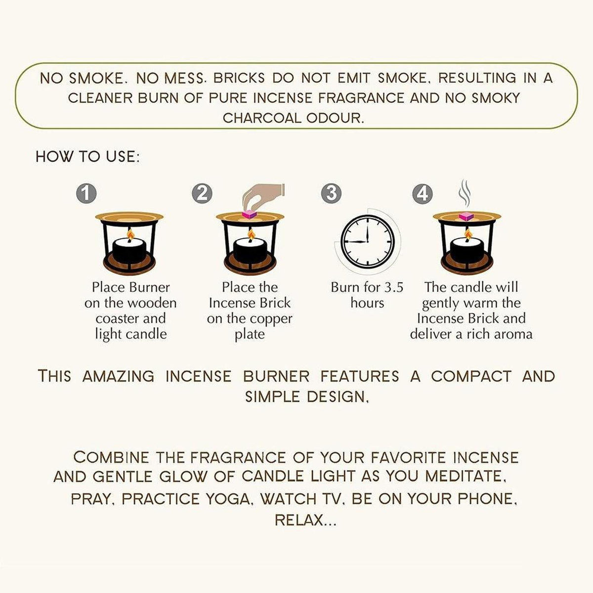 Instructional graphic showing a four-step process for using a smokeless metal and copper incense brick tea light burner.