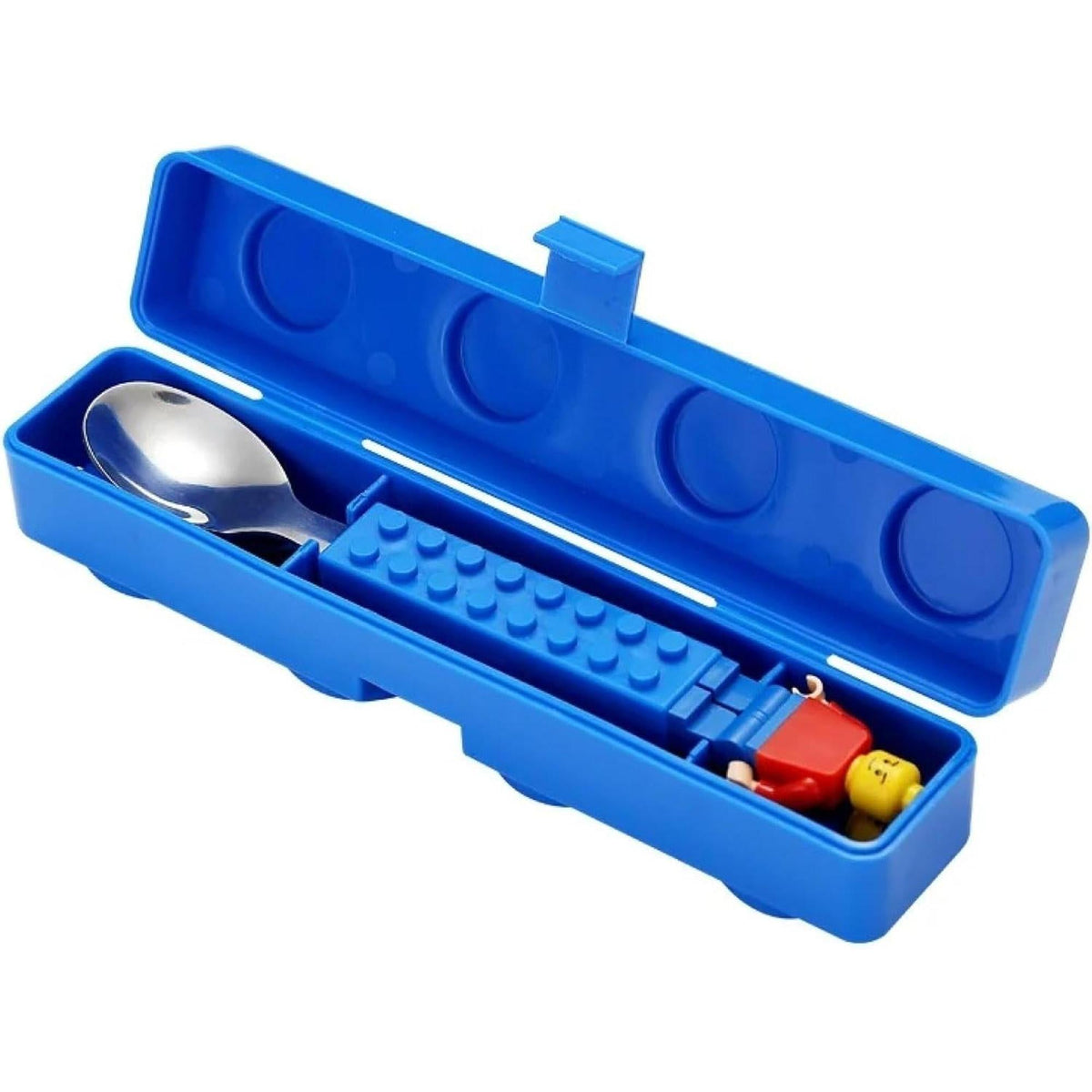 Stainless steel spoon with a blue building-block handle in a matching blue plastic carrying case.