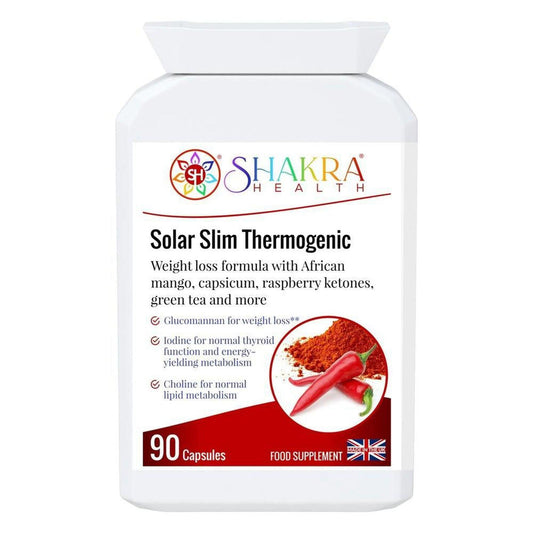 White bottle of Solar Slim Thermogenic 90 capsules with a label featuring red chili peppers and supplement information.