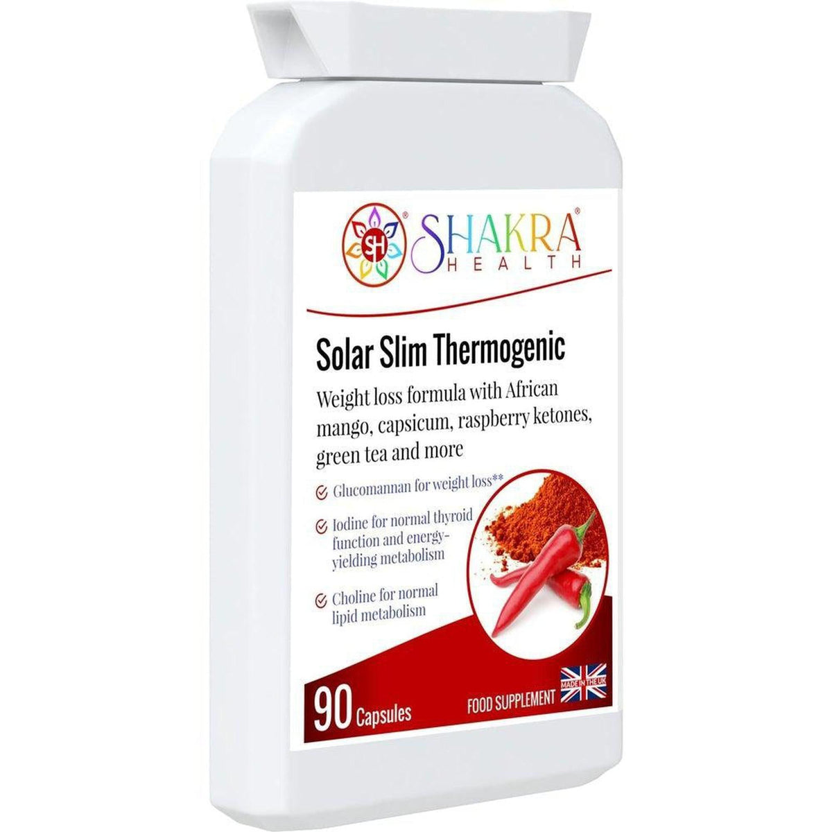 White plastic bottle of Shakra Health Solar Slim thermogenic capsules with a label featuring red chili peppers.