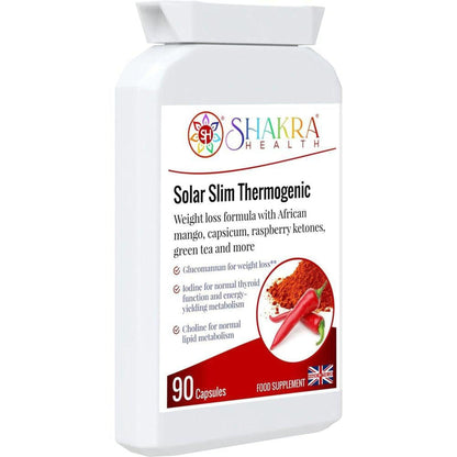 White plastic bottle of Shakra Health Solar Slim thermogenic capsules with a label featuring red chili peppers.